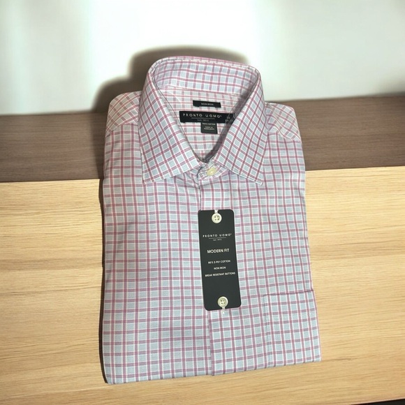 Pronto Uomo Modern Fit Dress Shirt 16 34/35 | Non-Iron |Pink, blue & white plaid - Picture 3 of 6